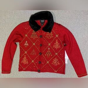 Vintage Red Christmas Cardigan Sweater Beaded Faux Fur Collar Size Petite Small